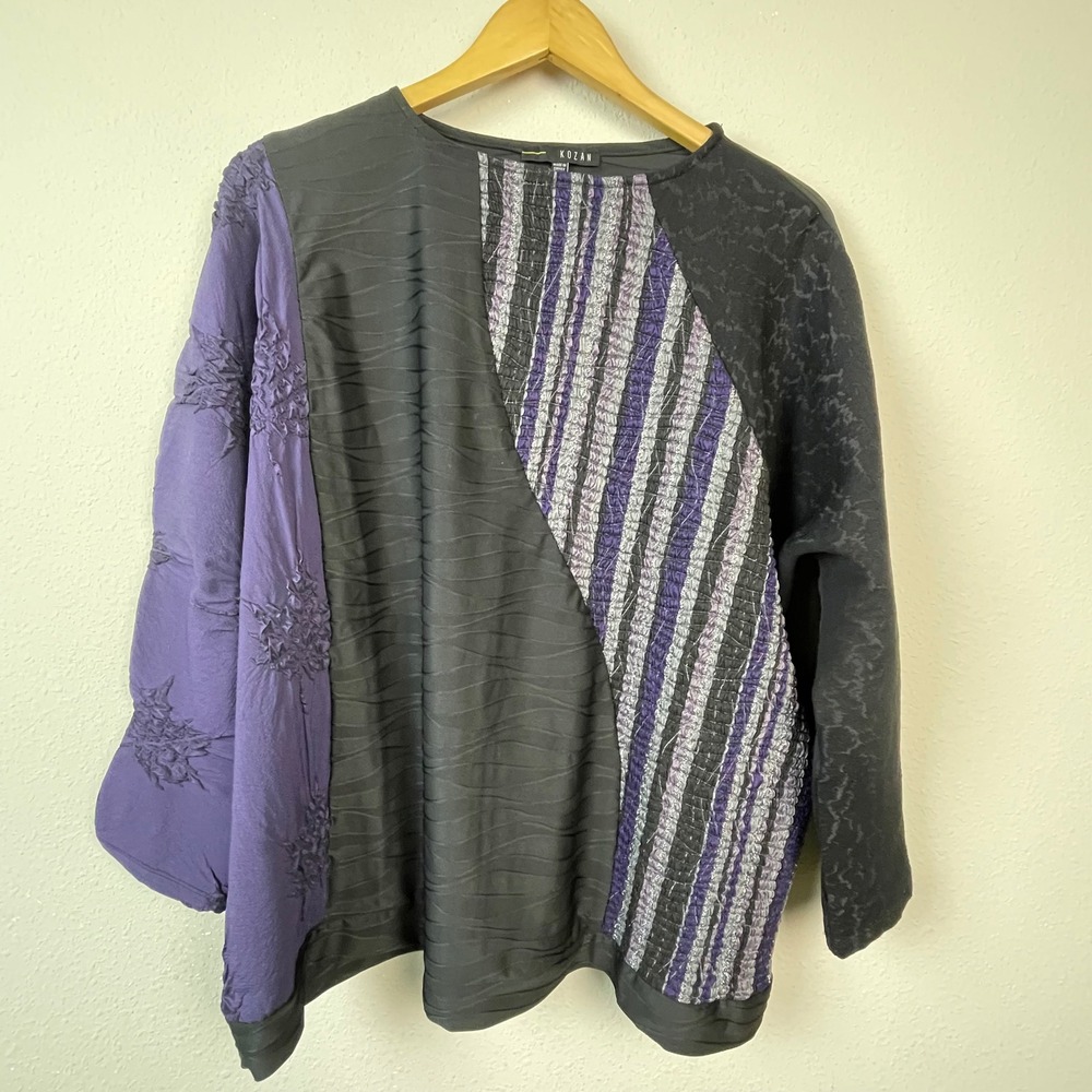 Kozan Long Sleeve Top Women L Artsy Black Purple‎ Lagenlook Mixed Media
